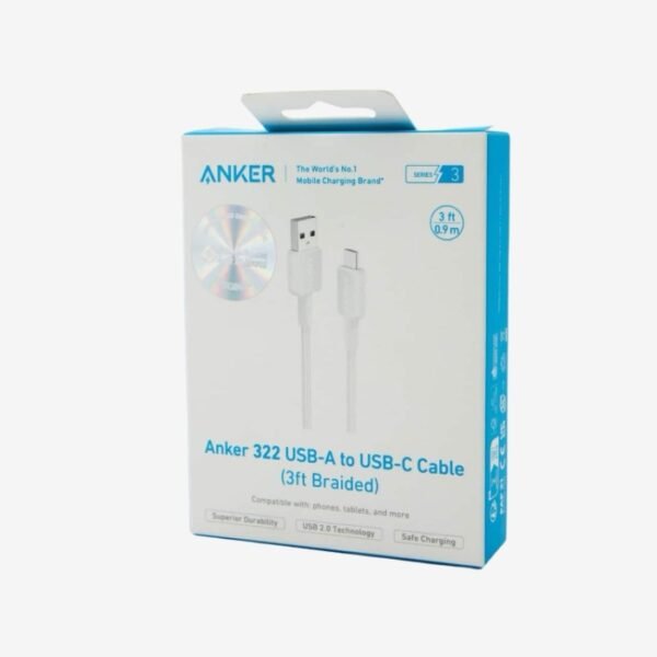 Anker 322 USB-A to USB-C Braided Cable, 3ft/0.9 m, White, A81H5H21 - Image 4