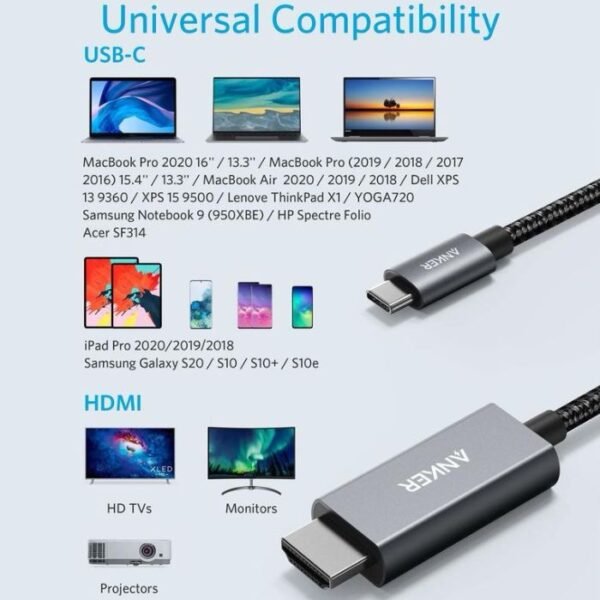 Anker 311 USB-C to HDMI 6ft Nylon Cable A8730H11 – Black - Image 2