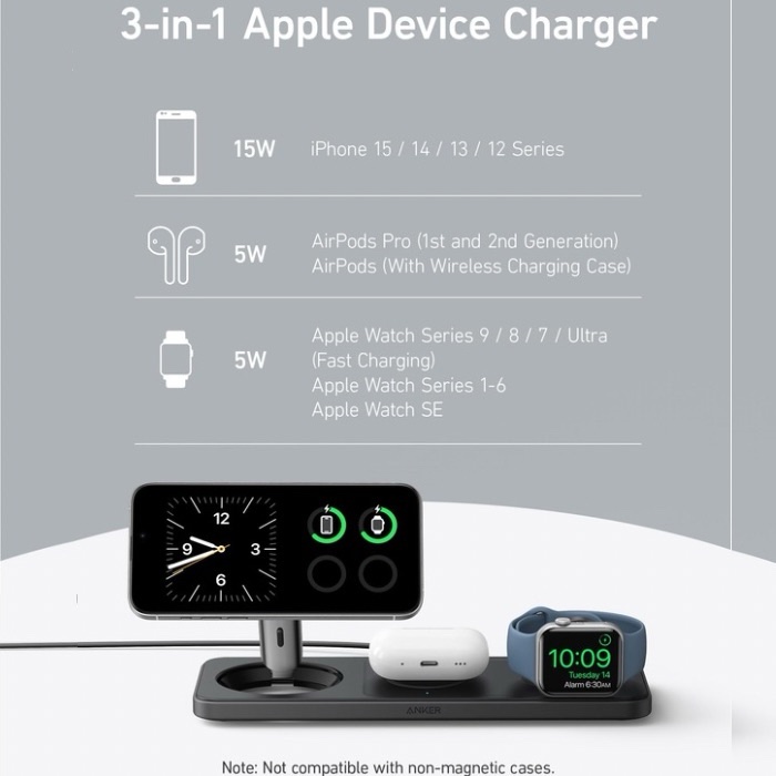 Anker 15W MagGo Wireless Charging Station 3-in-1 for Apple Devices B25M1211 - Image 5