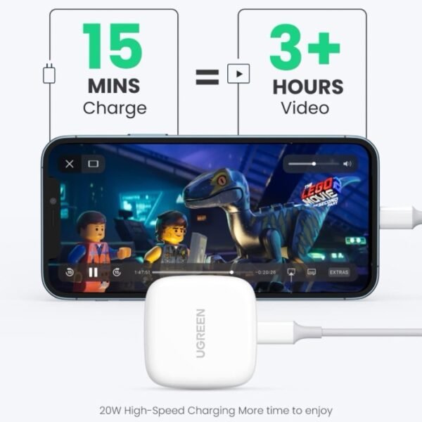 UGREEN PD 20W Fast Wall Charger+ USB-C To Lightning Cable 1M - White - Image 4