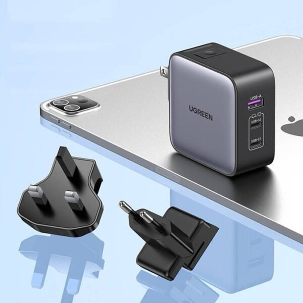 Ugreen USB-A + 2 USB-C 65W GaN Charger with Interchangeable UK/US/EU Plugs CD296 BLK - Image 4