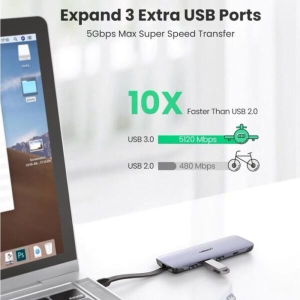 Ugreen 10Cm Gray USB C 5-In-1 Multifunction Adapter With 3 Ports CM285 - Image 3