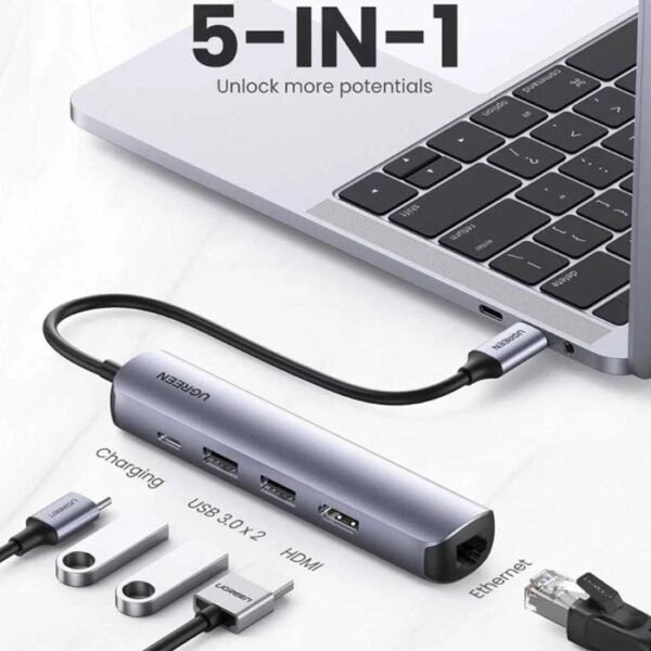 Ugreen CM418 Type-C Male to Dual USB 3.0, Type-C, HDMI & LAN Female Dark Gray Multi-Interface HUB - Image 2