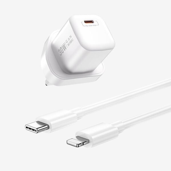 WiWU Nano GaN 30W 2 In 1 PD UK Fast Charger With Type-C To Lightning Cable - White - Image 3