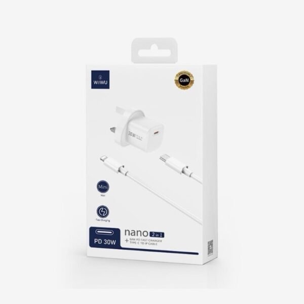 WiWU Nano GaN 30W 2 In 1 PD UK Fast Charger With Type-C To Lightning Cable - White - Image 5