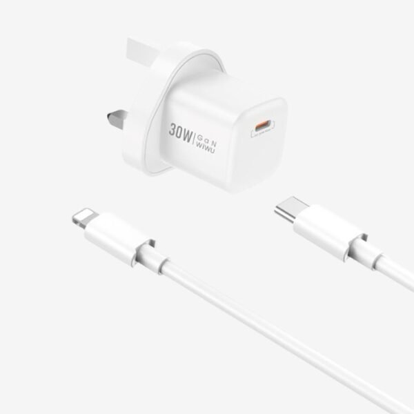 WiWU Nano GaN 30W 2 In 1 PD UK Fast Charger With Type-C To Lightning Cable - White - Image 2