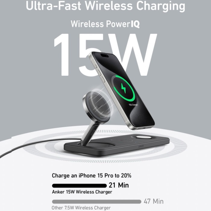 Anker 15W MagGo Wireless Charging Station 3-in-1 for Apple Devices B25M1211 - Image 3