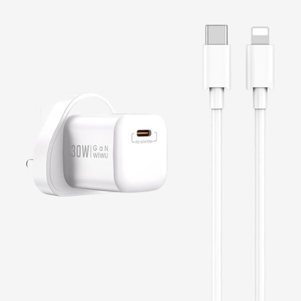 WiWU Nano GaN 30W 2 In 1 PD UK Fast Charger With Type-C To Lightning Cable - White