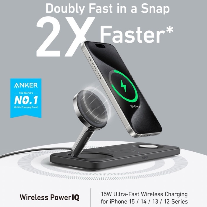 Anker 15W MagGo Wireless Charging Station 3-in-1 for Apple Devices B25M1211 - Image 2