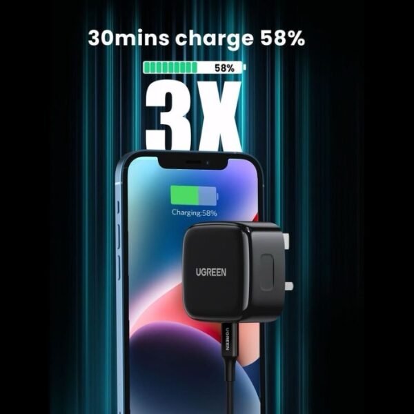 UGreen USB-C 20W PD Charger with  USB-C to Lightning Cable 1m - Black - Image 4