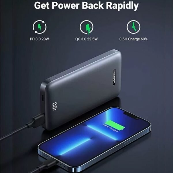 UGreen PB198 Dual Port (USB-A & USB-C) Ultra Slim Power Bank 10000 mAh - Black - Image 4