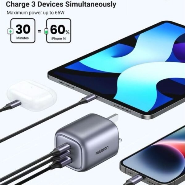 UGREEN Nexode 65W USB-C Wall Charger - 3 Ports - Space Gray - Image 4