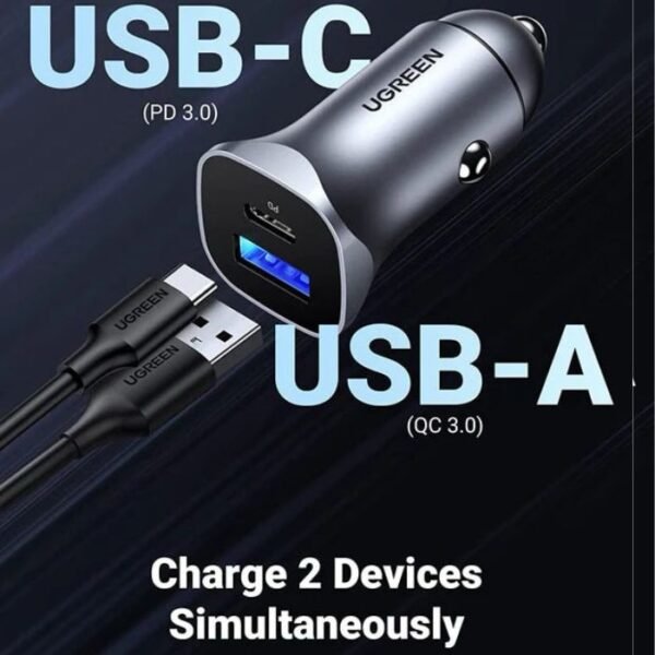 UGREEN CD130 24W USB C Car Charger with PD & QC 3.0 Dual Ports - Image 3