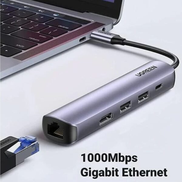 Ugreen CM418 Type-C Male to Dual USB 3.0, Type-C, HDMI & LAN Female Dark Gray Multi-Interface HUB - Image 4
