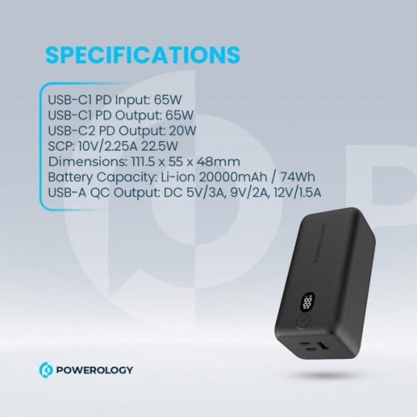 Powerology 20000mAh 65W Onyx Power Bank - Black PPBCHA19 - Image 3