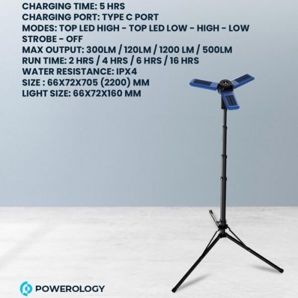 Powerology Camping Solar Foldable Tripod LED Light IPX4 3.7V 2600mAh - Blue PWCSFTLDL - Image 4