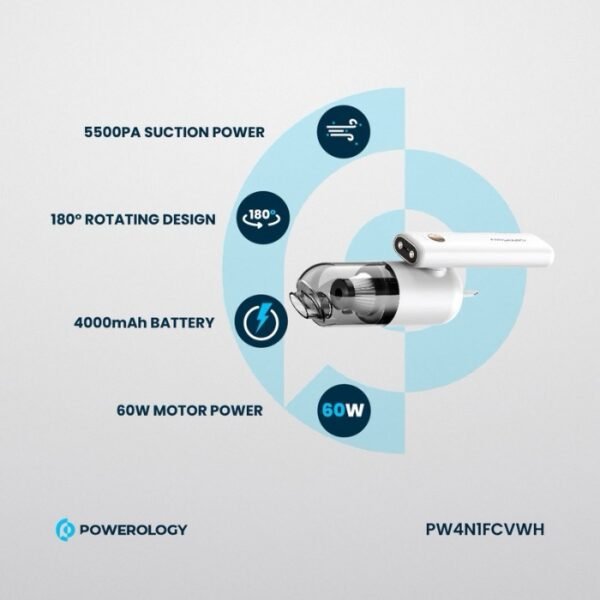 Powerology 4in1 180° Foldable Car Vacuum Cleaner - White PW4N1FCV - Image 5