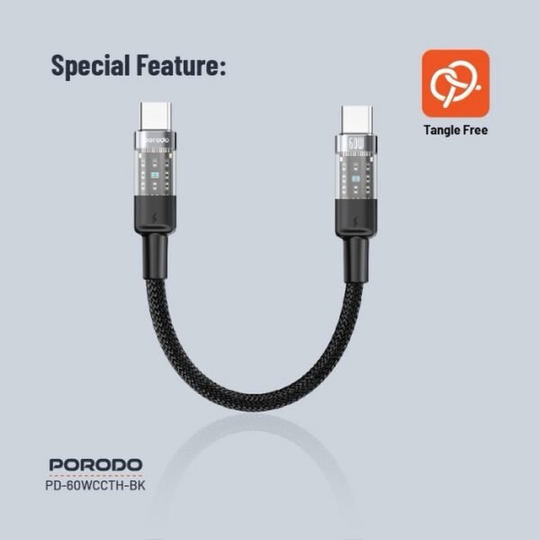 Porodo Braided 60W PD C to C Fast Charging Cable with Transparent Head 35cm - Image 4