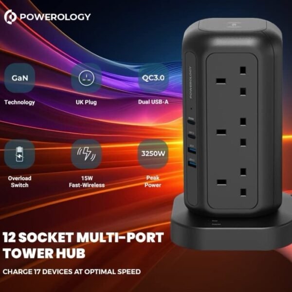 Powerology 12 Socket Multiport Tower Hub Extension PWCUQC013 - Image 5