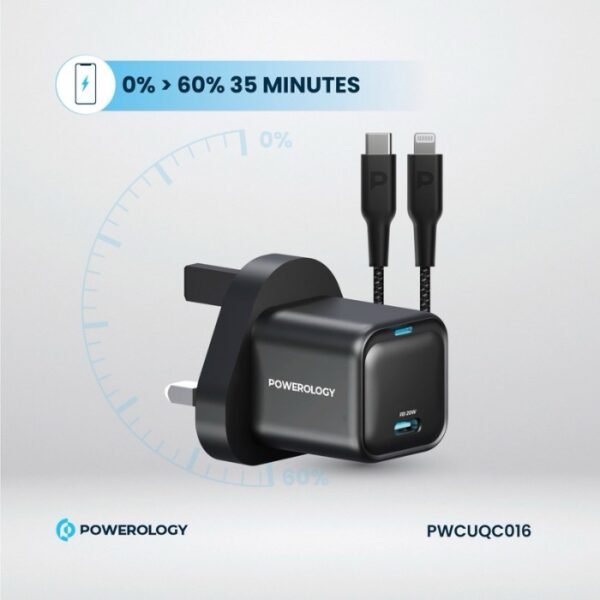 Powerology 20W Single C Port PD Charger UK - Black PWCUQC016 - Image 4