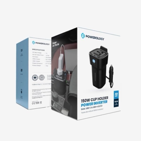 Powerology 150W Inverter AC Universal USB A 2type-C DC Car 12V10A - Black P150INVBK - Image 5