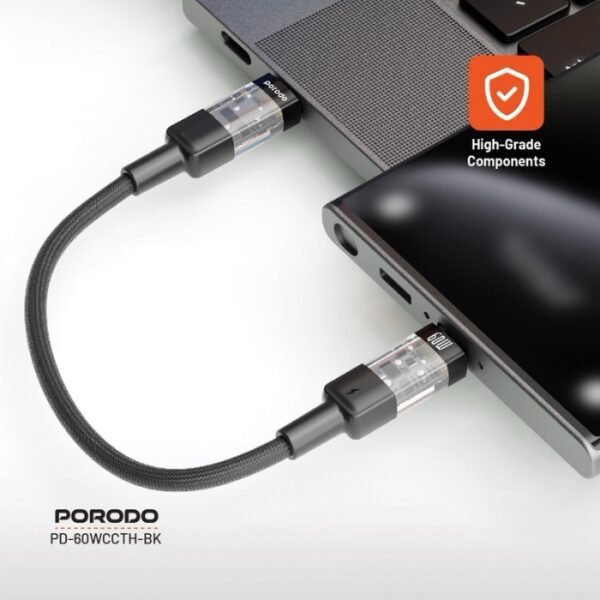 Porodo Braided 60W PD C to C Fast Charging Cable with Transparent Head 35cm - Image 2