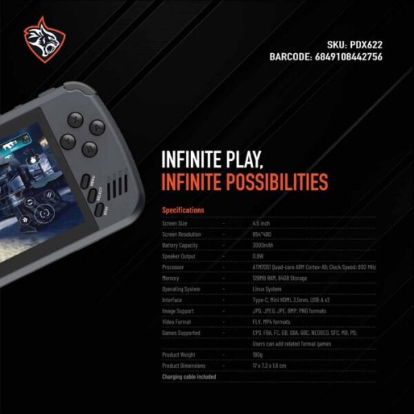 Porodo Gaming Multimedia & Gaming Console 4.5" 128MB RAM + 64GB 3000mAh - Black PDX622 - Image 5