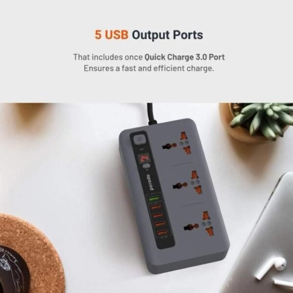 Porodo 4 USB Port 3.4A + 1 QC 3.0 with 3 Universal Power Sockets 10A PD-FWCH013 - Image 3