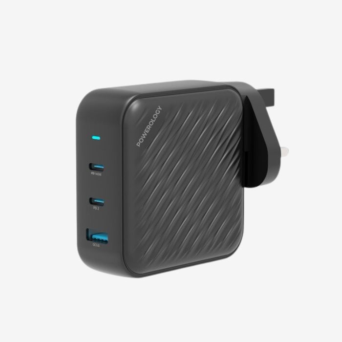 Powerology 140W PD QC 2xUSB-C and 1xUSB-A GaN Charger UK - Black PWCUQC022