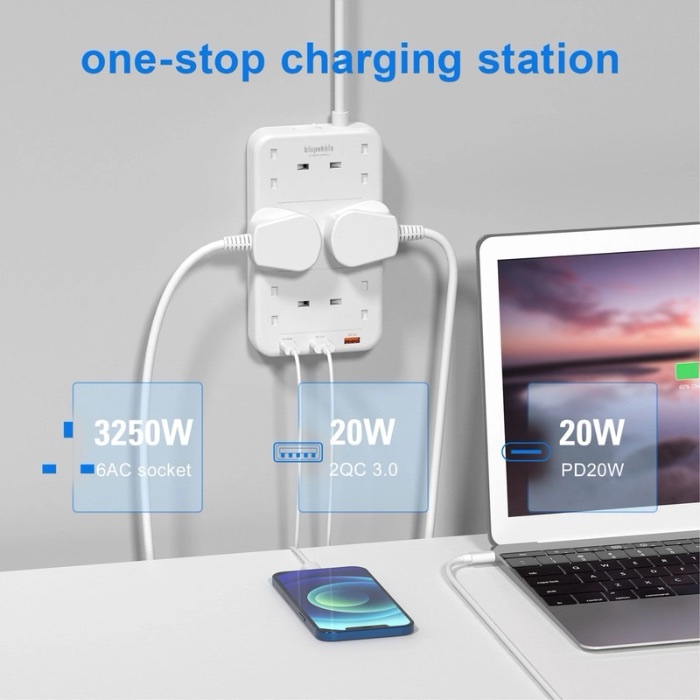 BLUPEBBLE 6 Plug Surge Protection Power Strip White BP-PSRTIP6-WH - Image 4