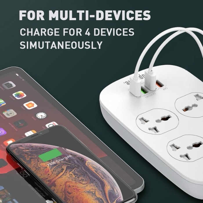 Blupebble Surge Protection 4 Universal Socket with 3 USB Port + QC3.0 - White - Image 4