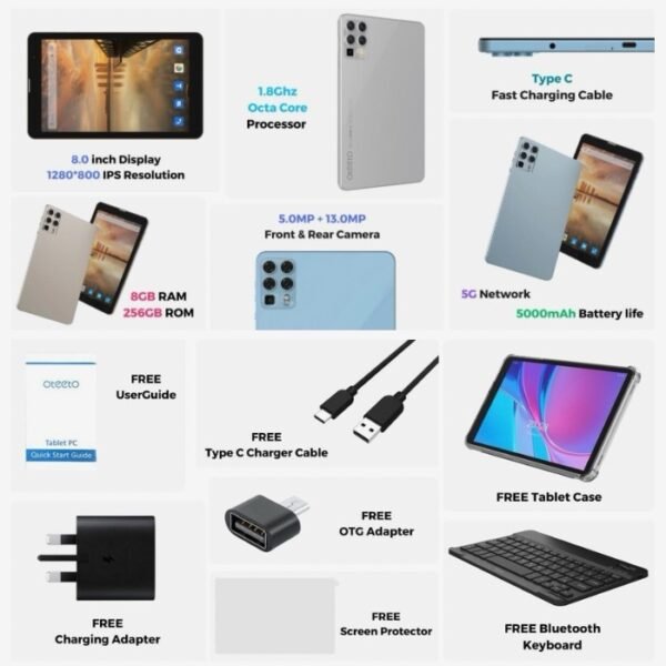 Oteeto Tab 8, 8GB RAM, 256GB ROM, 8 Inch Display, 5000mAh Battery 5G Android Tablet - Image 5