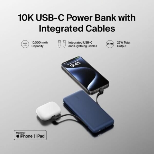 Belkin BoostCharge Plus 10000mAh USB-C Power Bank with Integrated Cables - Blue - Image 3