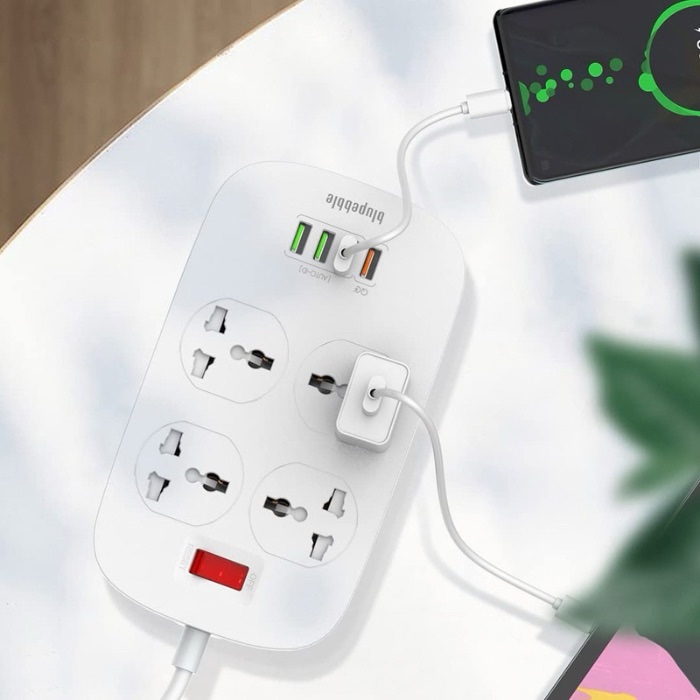 Blupebble Surge Protection 4 Universal Socket with 3 USB Port + QC3.0 - White - Image 2