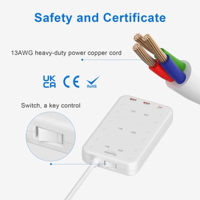 BLUPEBBLE 6 Plug Surge Protection Power Strip White BP-PSRTIP6-WH - Image 5