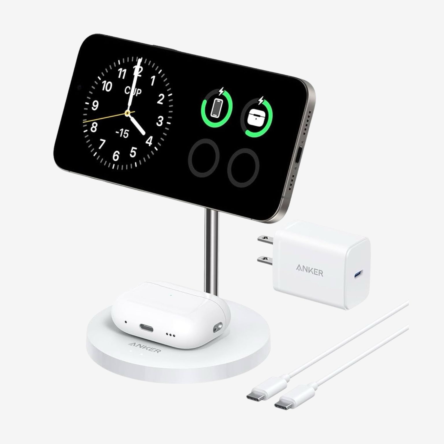 ANKER MAGGO WIRELESS 2-IN-1 DOCK STAND CHARGER AND 5FT USB C TO USB C CABLE WHITE A25M7H21